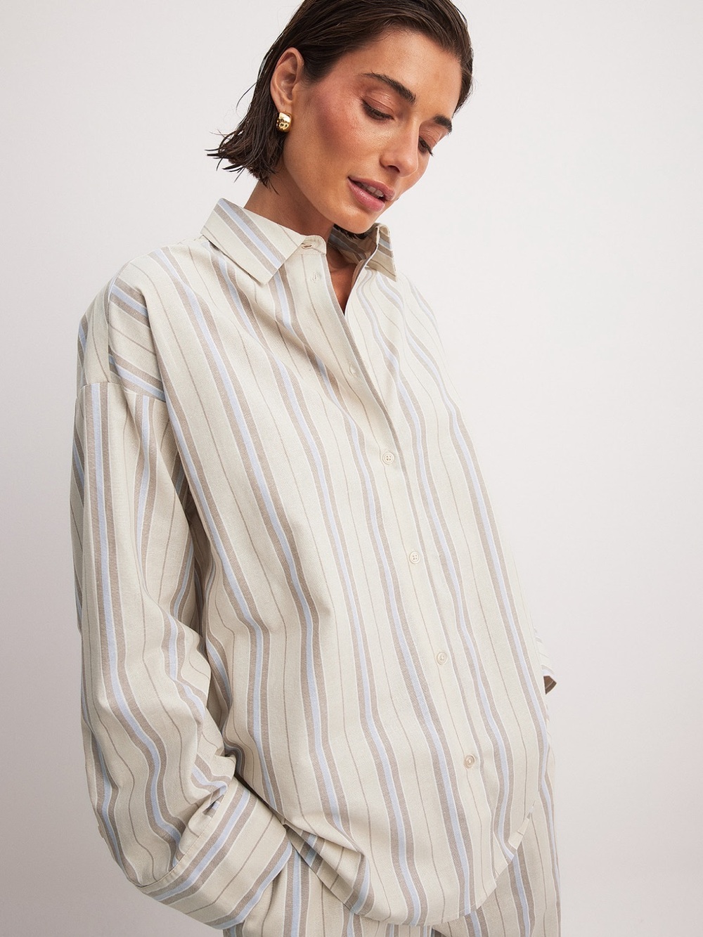 NA-KD oversized button top in heavy cotton beige stripe
